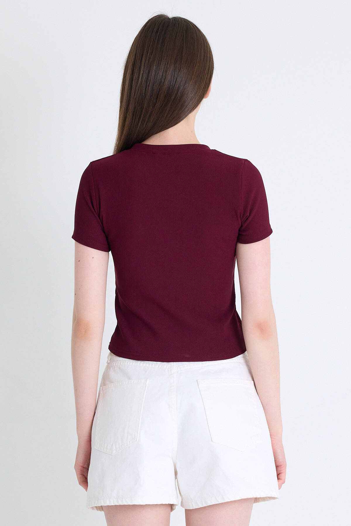 Bordo Ayıcık İşlemeli Slim Fit Crop Tişört 2217 - 5