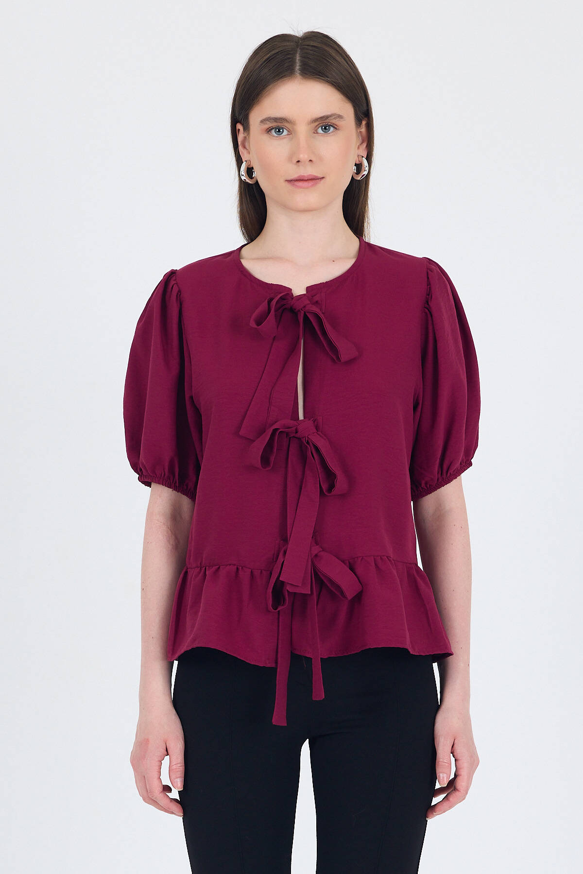 Bordo Bağlama Detaylı Balon Kollu Bluz 4334A - Stilay