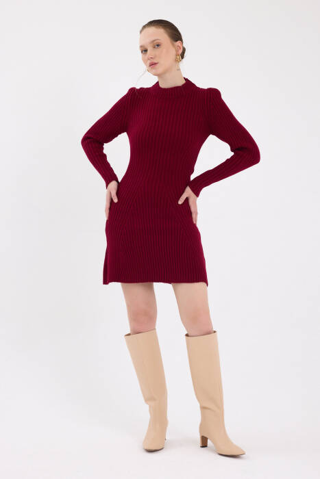 Bordo Balıkçı Yaka Triko Mini Elbise 1907 - Stilay