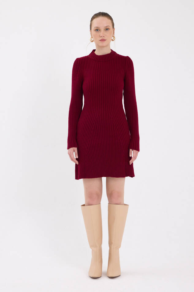 Bordo Balıkçı Yaka Triko Mini Elbise 1907 - 3