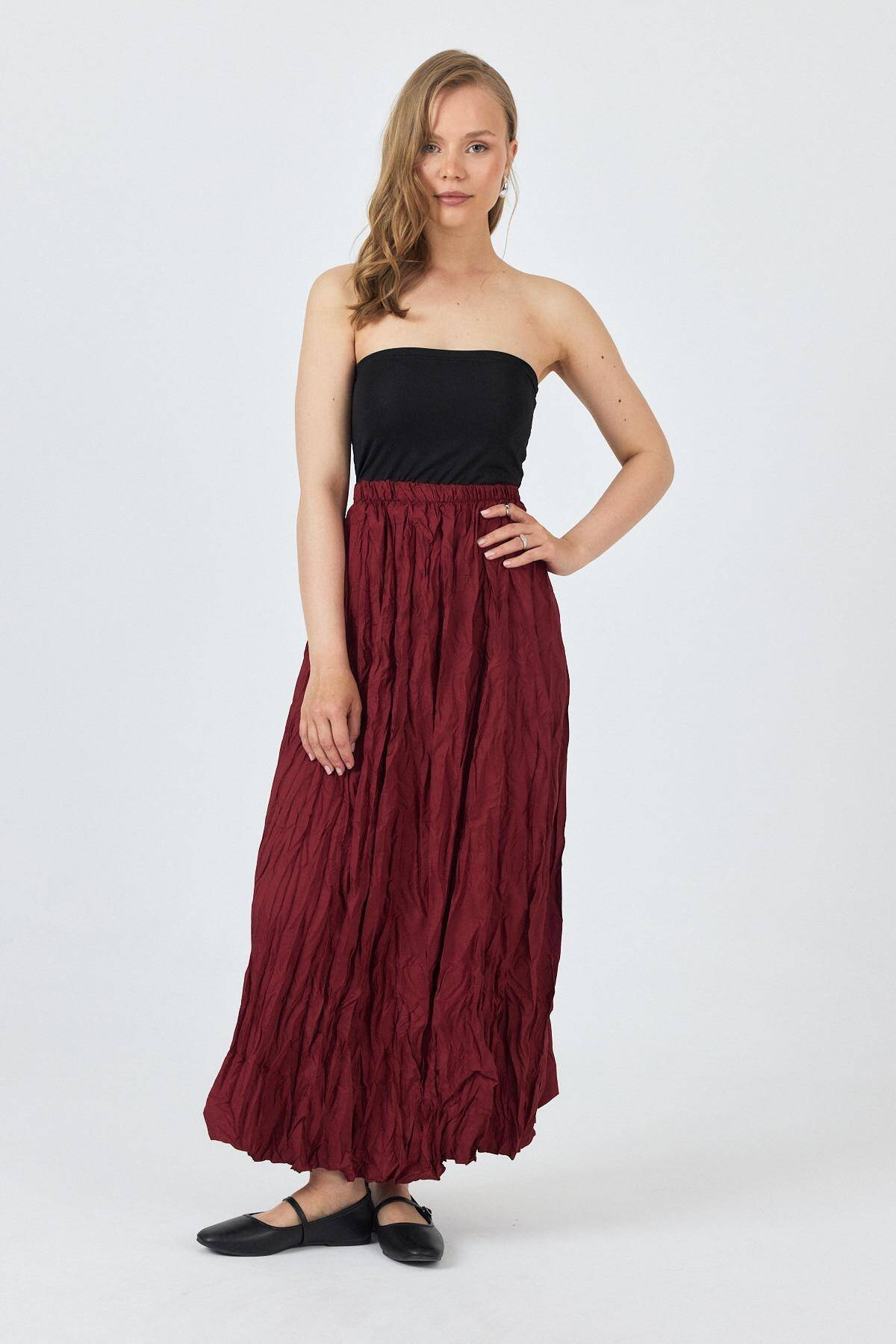 Bordo Bel Lastikli Kırışık Kumaş Etek 3483 - 7