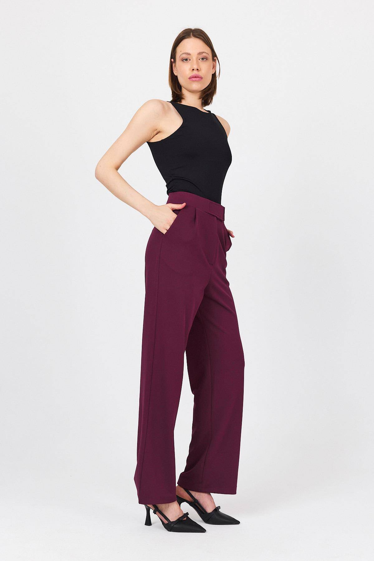 Bordo Beli Cırtlı Rahat Palazzo Pantolon 4055A - 8