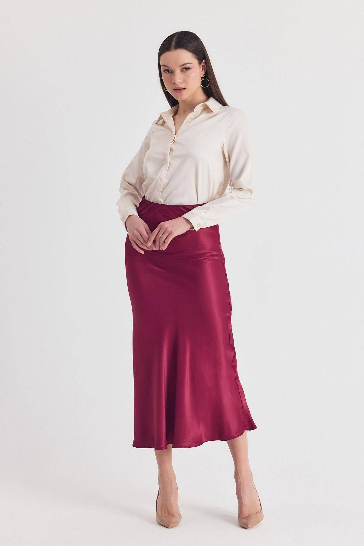 Bordo Beli Lastikli Saten Midi Etek 9427 