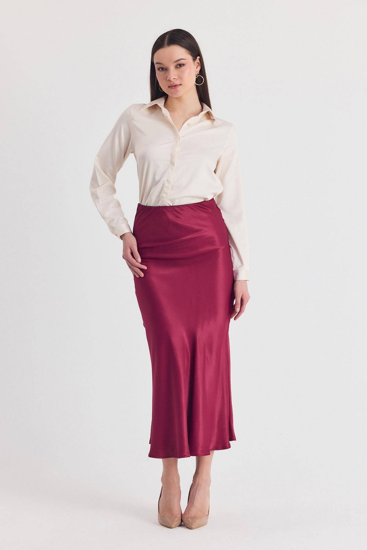 Bordo Beli Lastikli Saten Midi Etek 9427 - 4
