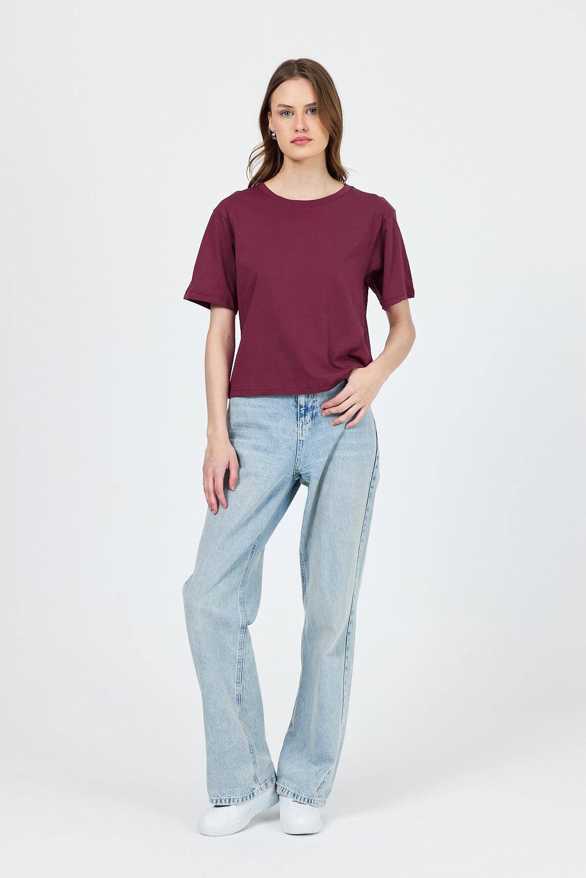 Bordo Bisiklet Yaka %100 Pamuk Relaxed Fit Tişört 2142M - 1
