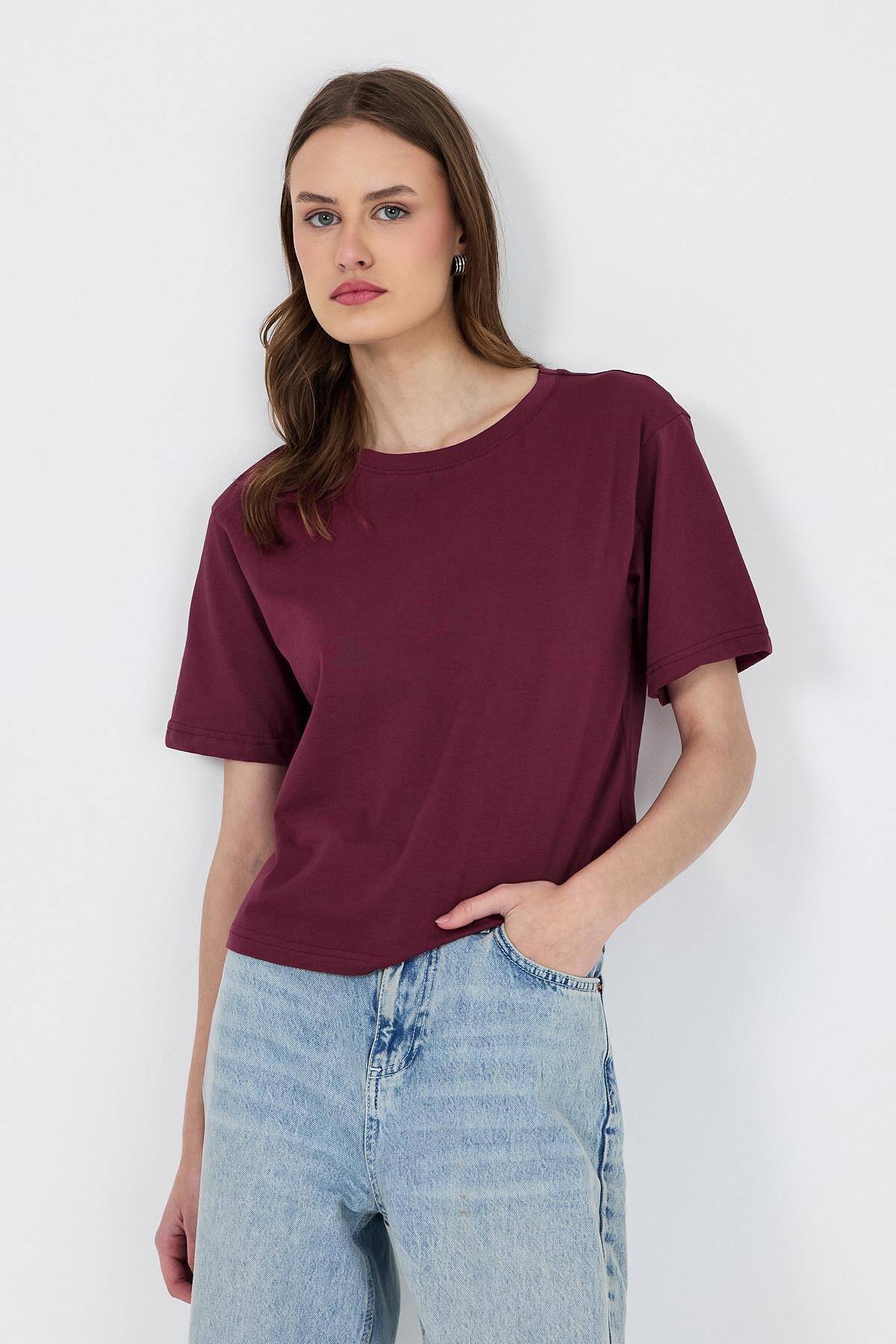 Bordo Bisiklet Yaka %100 Pamuk Relaxed Fit Tişört 2142M - Stilay