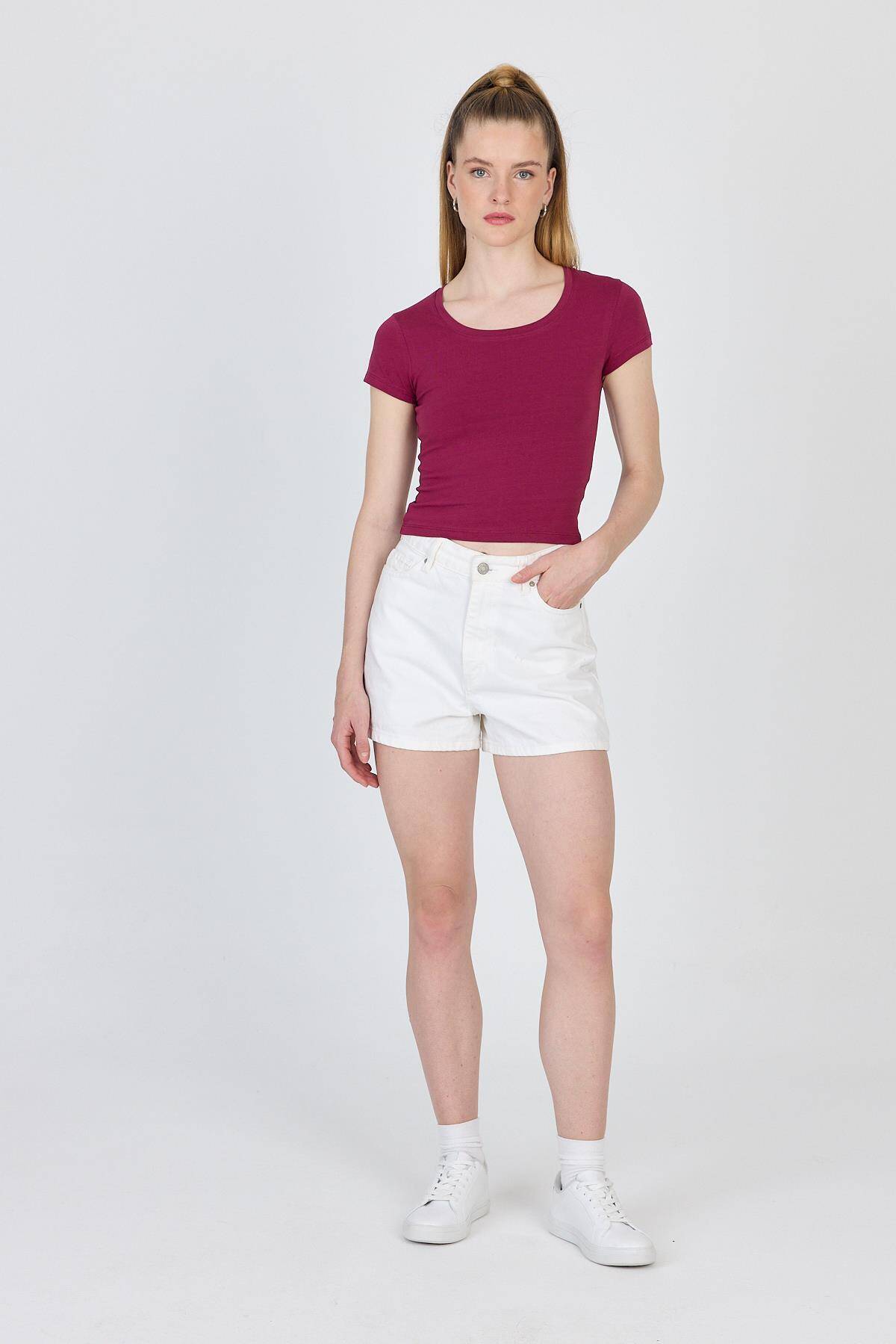 Bordo Bisiklet Yaka Basic Crop Tişört 9200M - Stilay