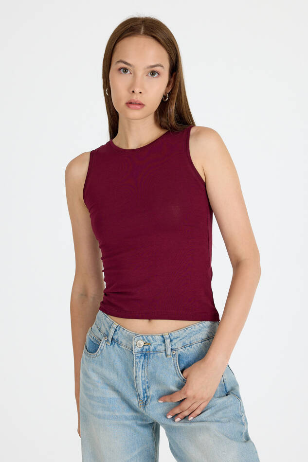 Bordo Bisiklet Yaka Kolsuz Slim Fit Atlet 1663 - 2