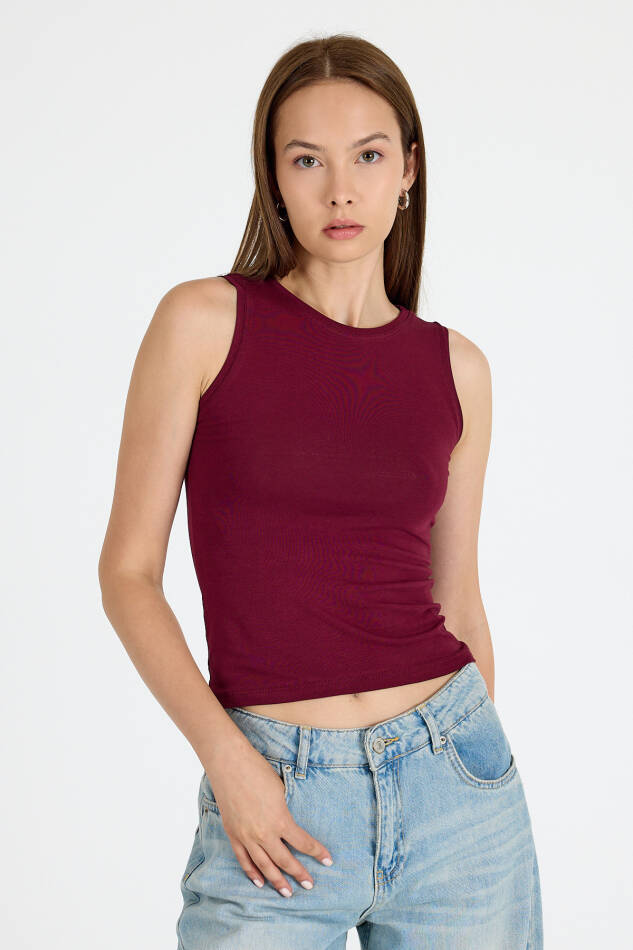 Bordo Bisiklet Yaka Kolsuz Slim Fit Atlet 1663 - 6