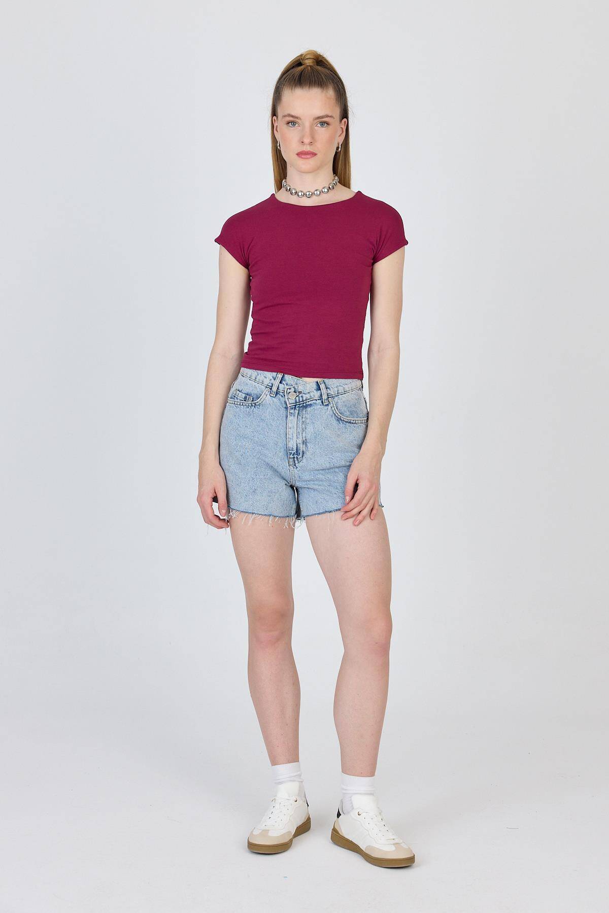 Bordo Bisiklet Yaka Pamuklu Slim Fit Tişört 9190 - Stilay