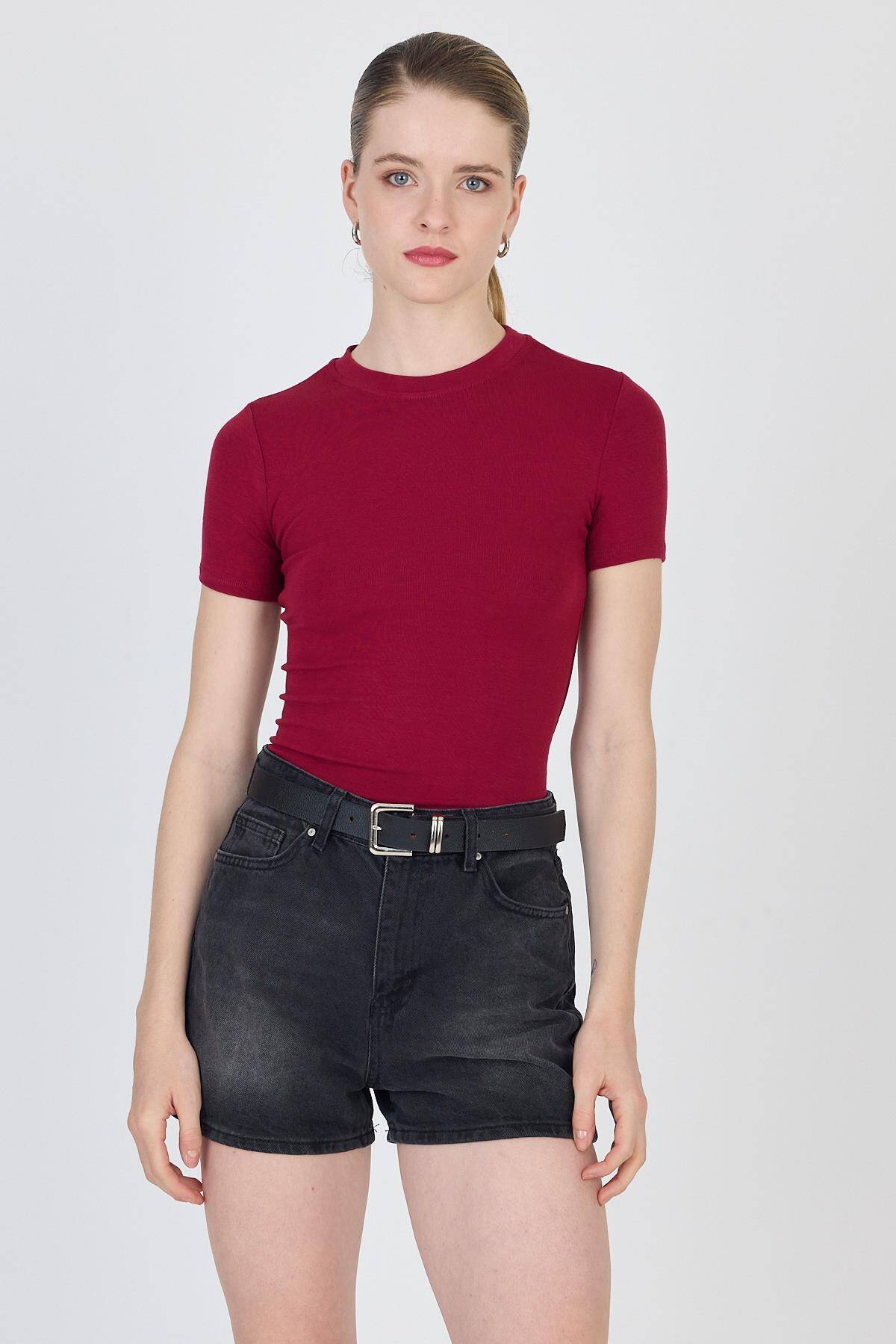 Bordo Bisiklet Yaka Viskoz/Yumuşak Kumaş Slim Fit Tişört 1468 - 3