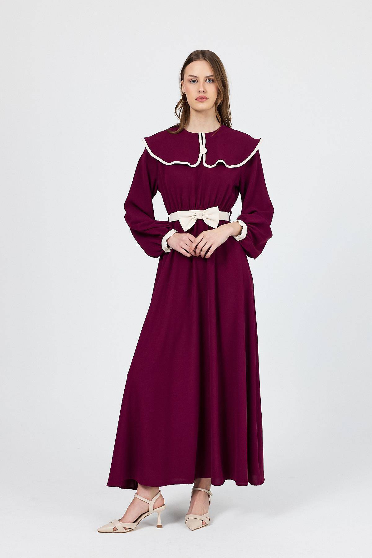 Bordo Biye Detaylı Bebe Yaka Elbise 4413A - Stilay