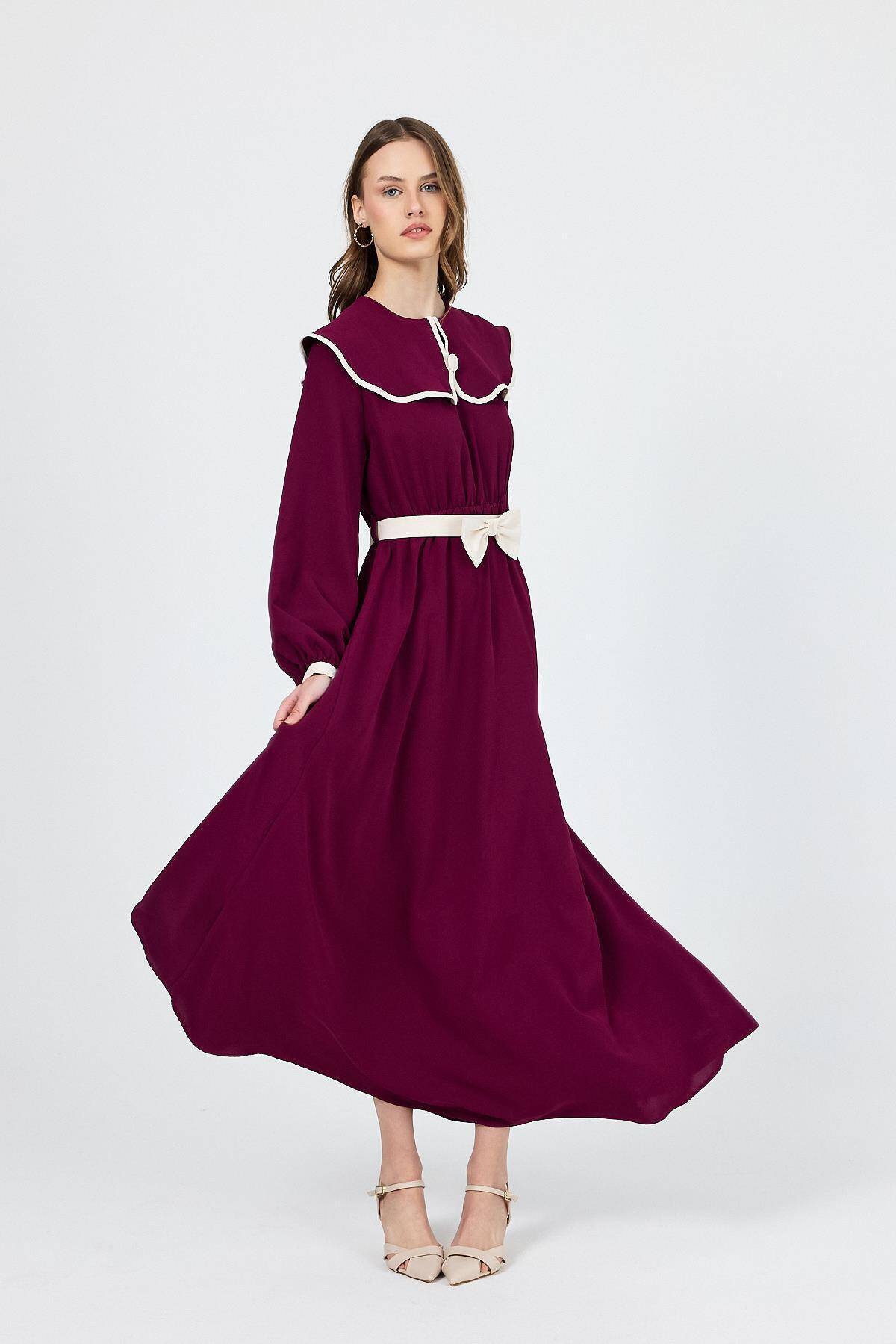 Bordo Biye Detaylı Bebe Yaka Elbise 4413A - Stilay