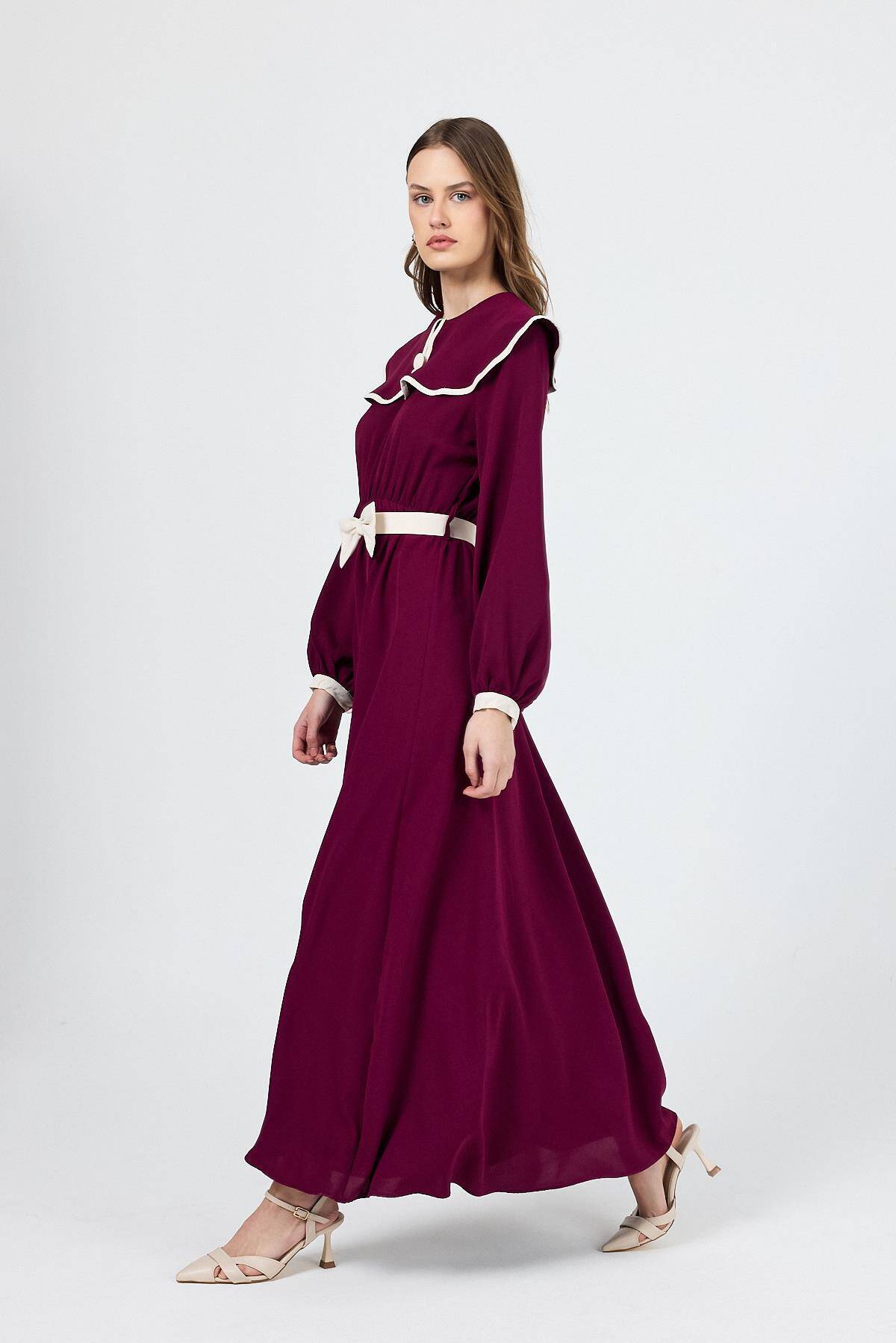 Bordo Biye Detaylı Bebe Yaka Elbise 4413A - 3