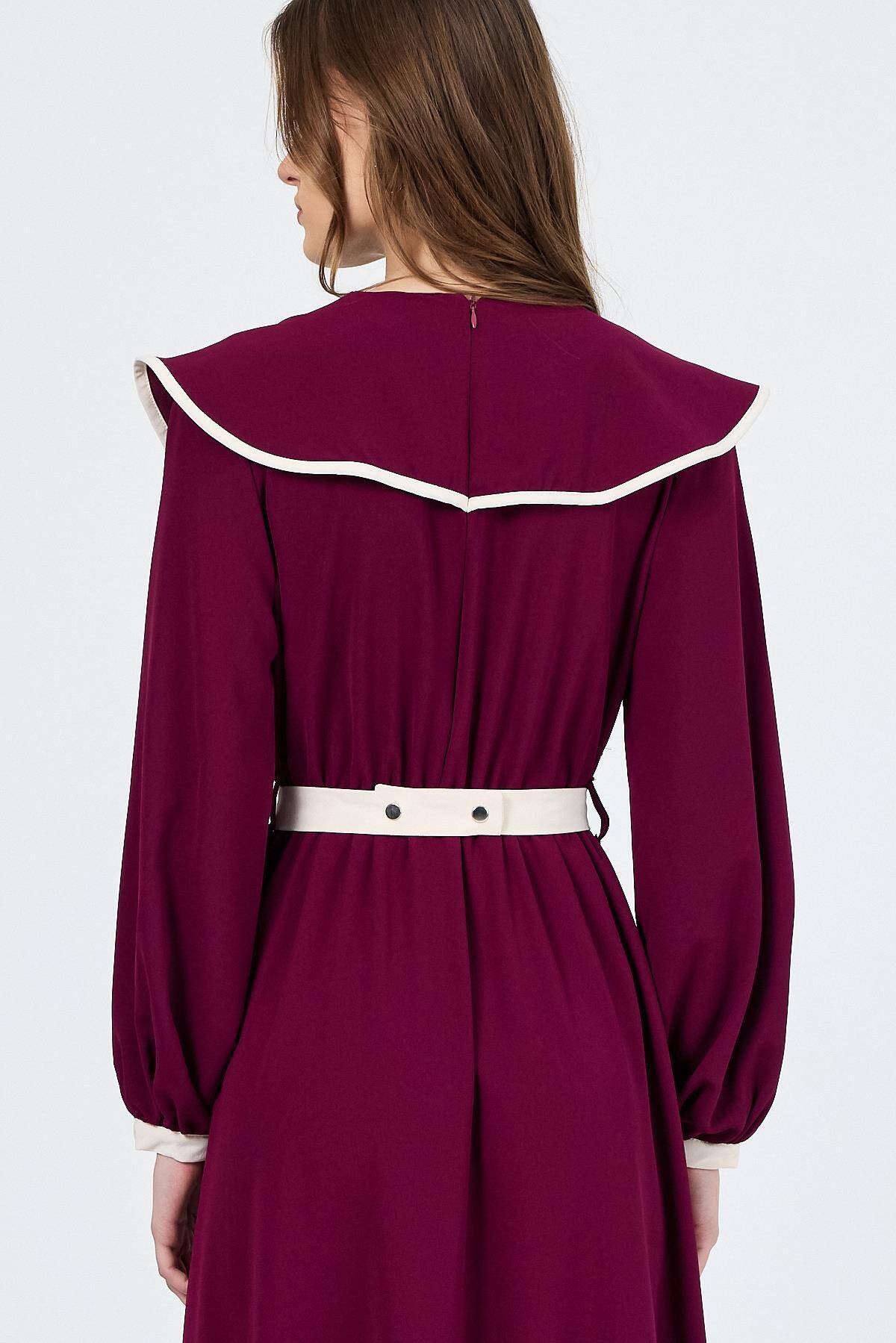 Bordo Biye Detaylı Bebe Yaka Elbise 4413A - 7