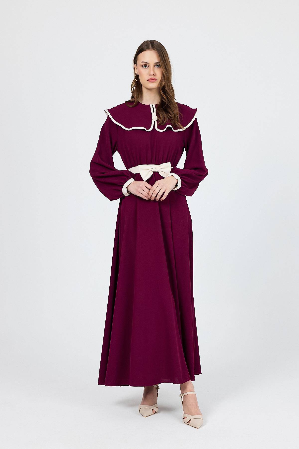 Bordo Biye Detaylı Bebe Yaka Elbise 4413A - 8