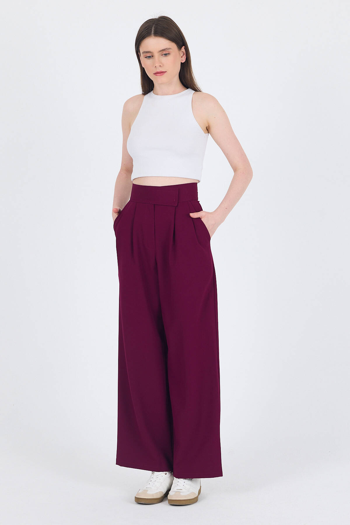 Bordo Cırt Kapama Detaylı Palazzo Pantolon 1615 - Stilay