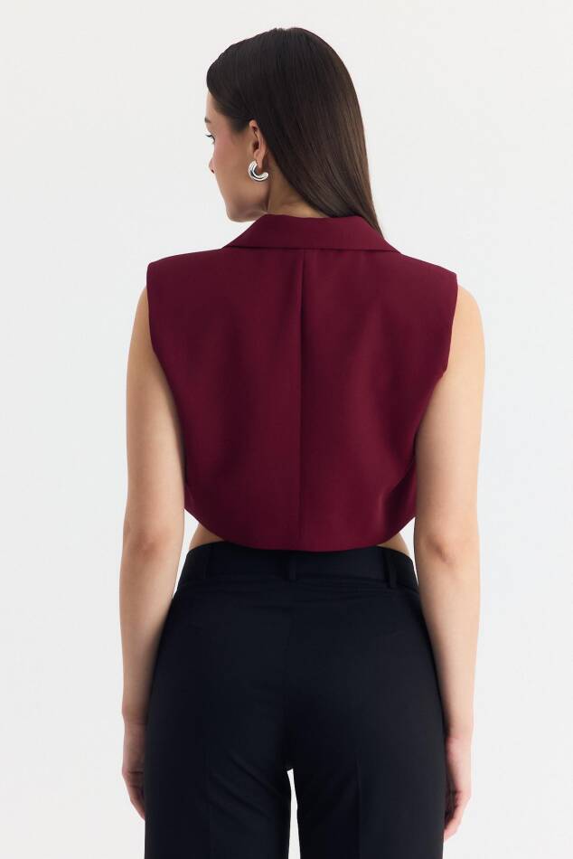 Bordo Crop Vatkalı Tek Düğme Cep Detay Yelek 6929 - 5