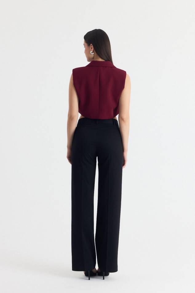 Bordo Crop Vatkalı Tek Düğme Cep Detay Yelek 6929 - 6