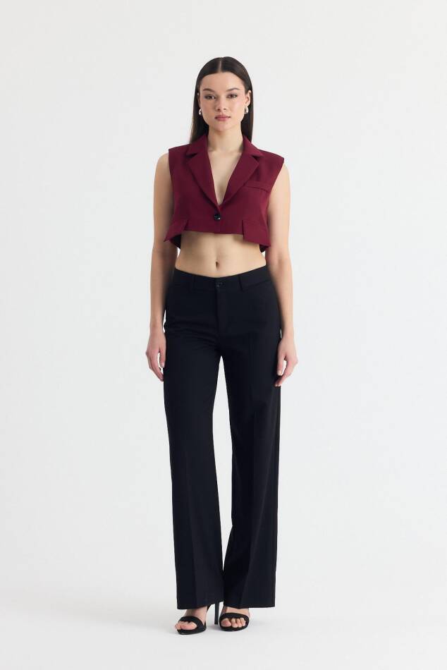 Bordo Crop Vatkalı Tek Düğme Cep Detay Yelek 6929 - 8