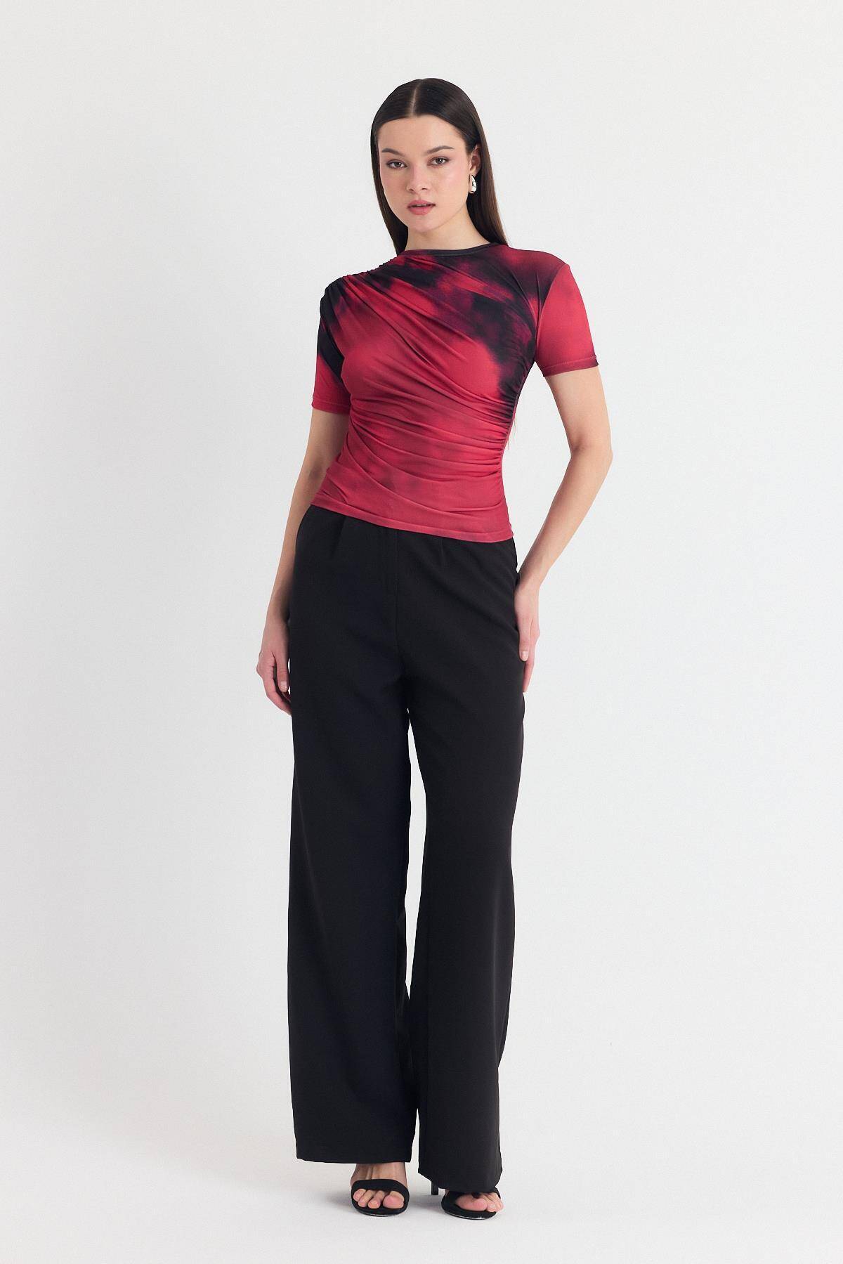 Bordo Desenli Büzgülü Sandy Bluz 12303 - 2