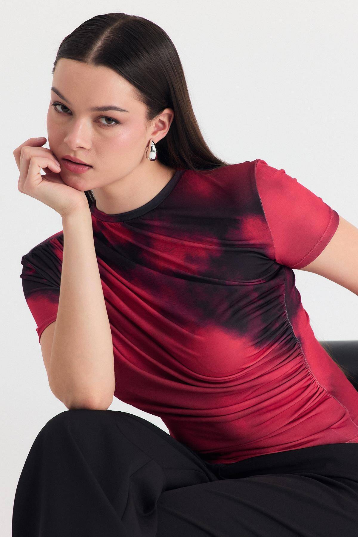 Bordo Desenli Büzgülü Sandy Bluz 12303 - 3