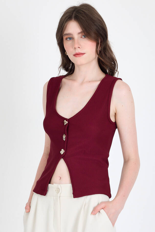Bordo Düğme Detaylı V Yaka Bluz 018 - 2