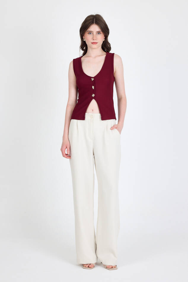 Bordo Düğme Detaylı V Yaka Bluz 018 - 3