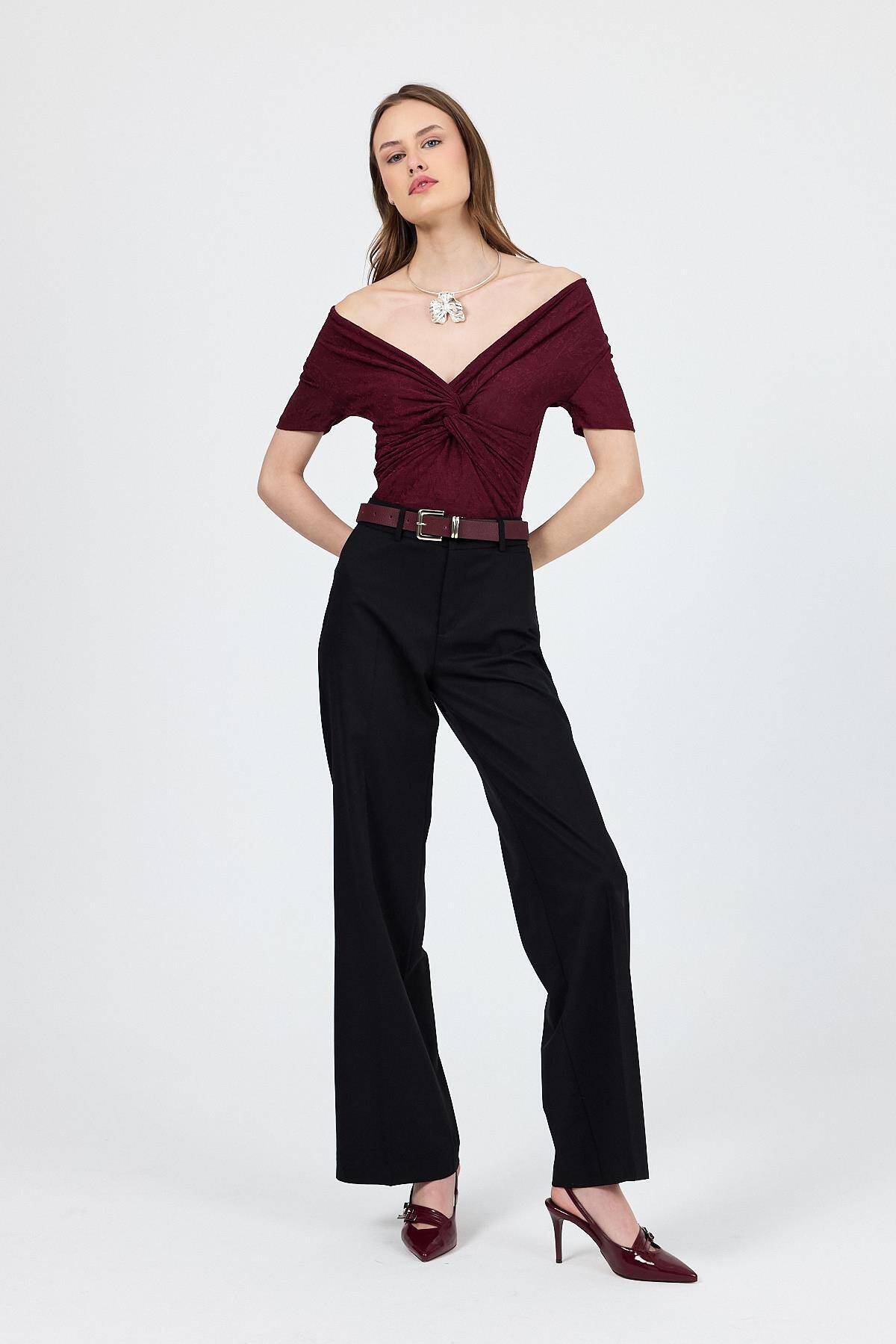 Bordo Düşük Omuz Büzgü Detaylı Bluz 13325 - Stilay