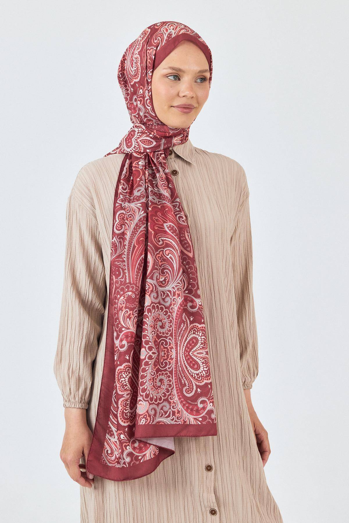 Bordo Etnik Desenli Şal 4005 