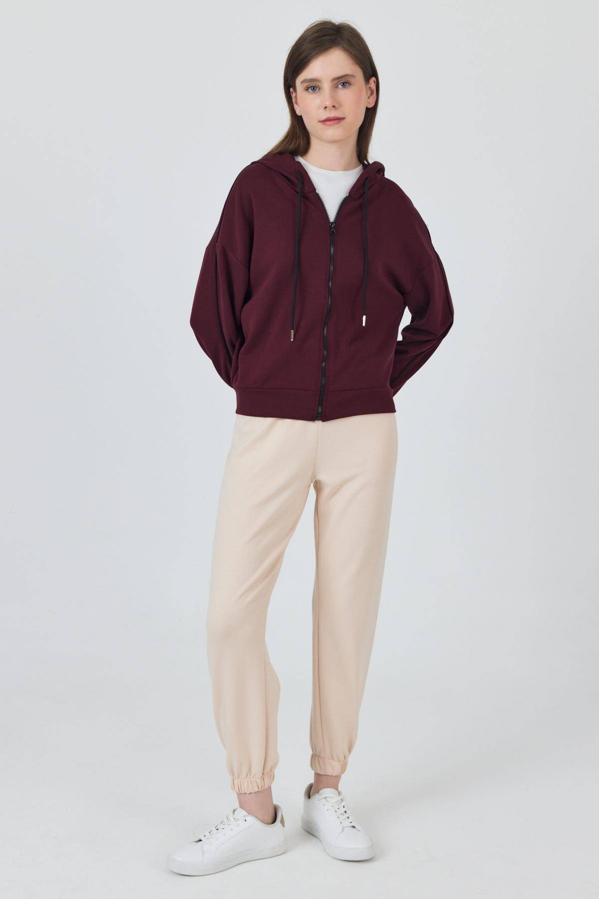 Bordo Fermuarlı Kapüşonlu Şerit Detaylı Sweatshirt 3045 