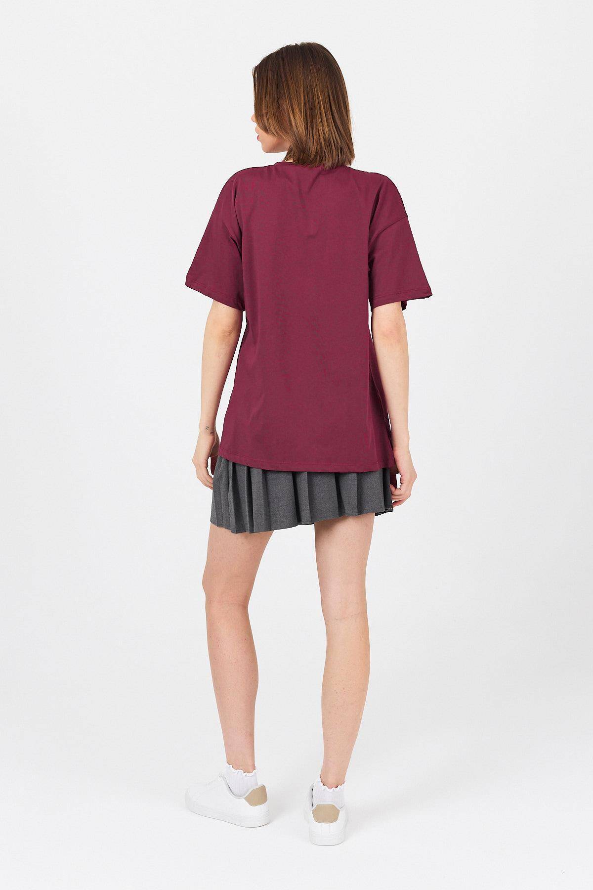 Bordo Göğüs Yazı Baskılı Pamuklu Oversize Tişört 2150-31M - 6