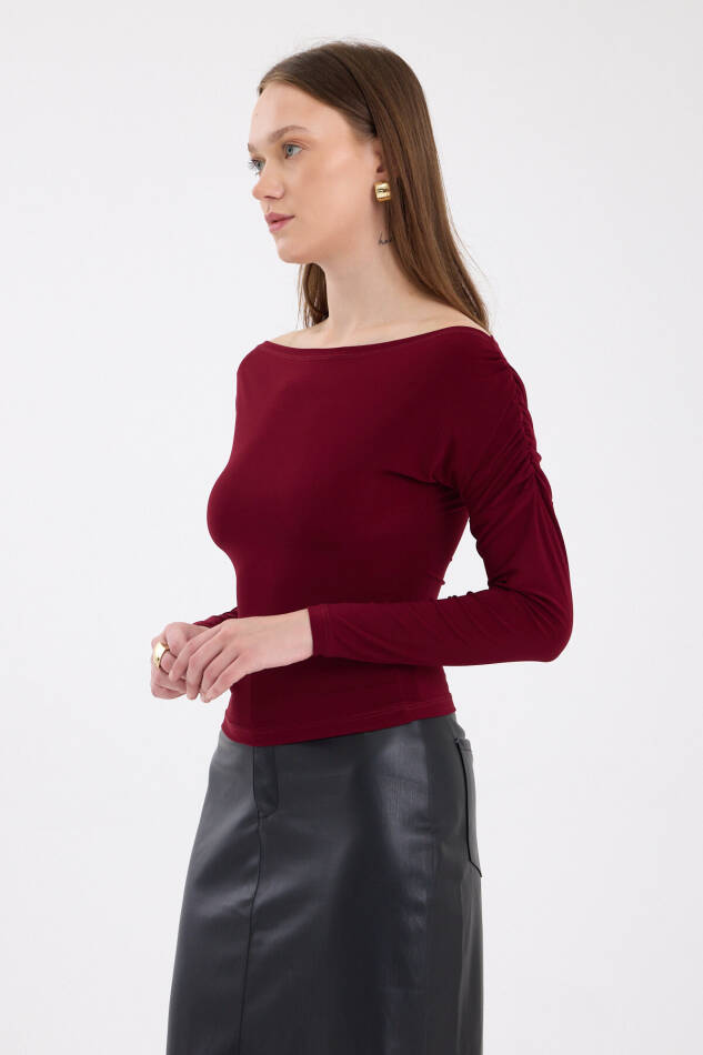 Bordo Kayık Yaka Kol Büzgülü Bluz 2433 - 7