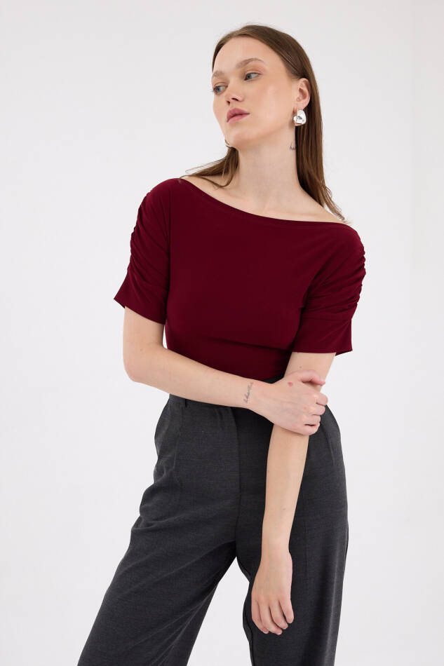 Bordo Kayık Yaka Kol Büzgülü Bluz 2515 - 2