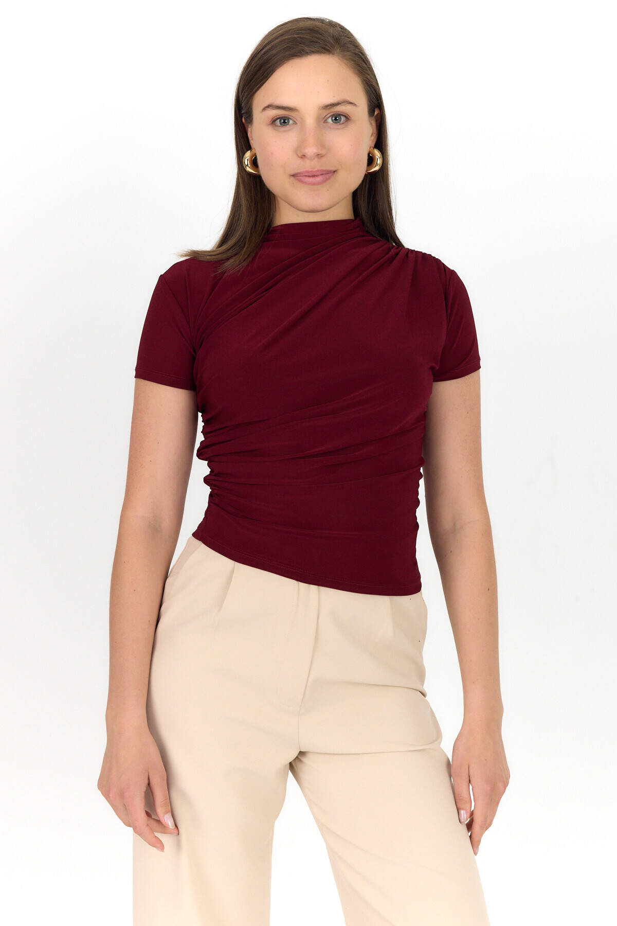 Bordo Kısa Kol Büzgülü Sandy Bluz 2417 - 1