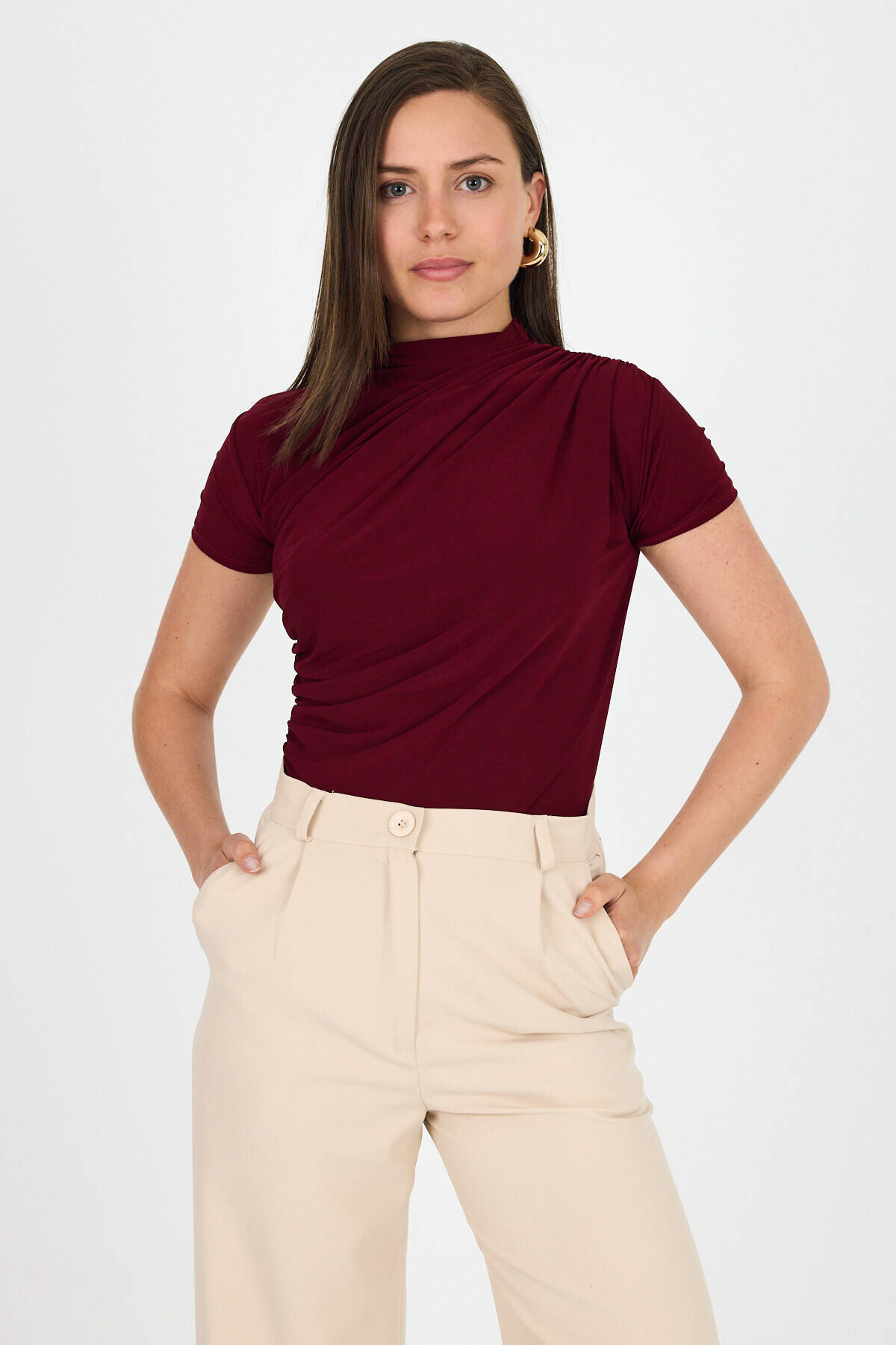 Bordo Kısa Kol Büzgülü Sandy Bluz 2417 - Stilay