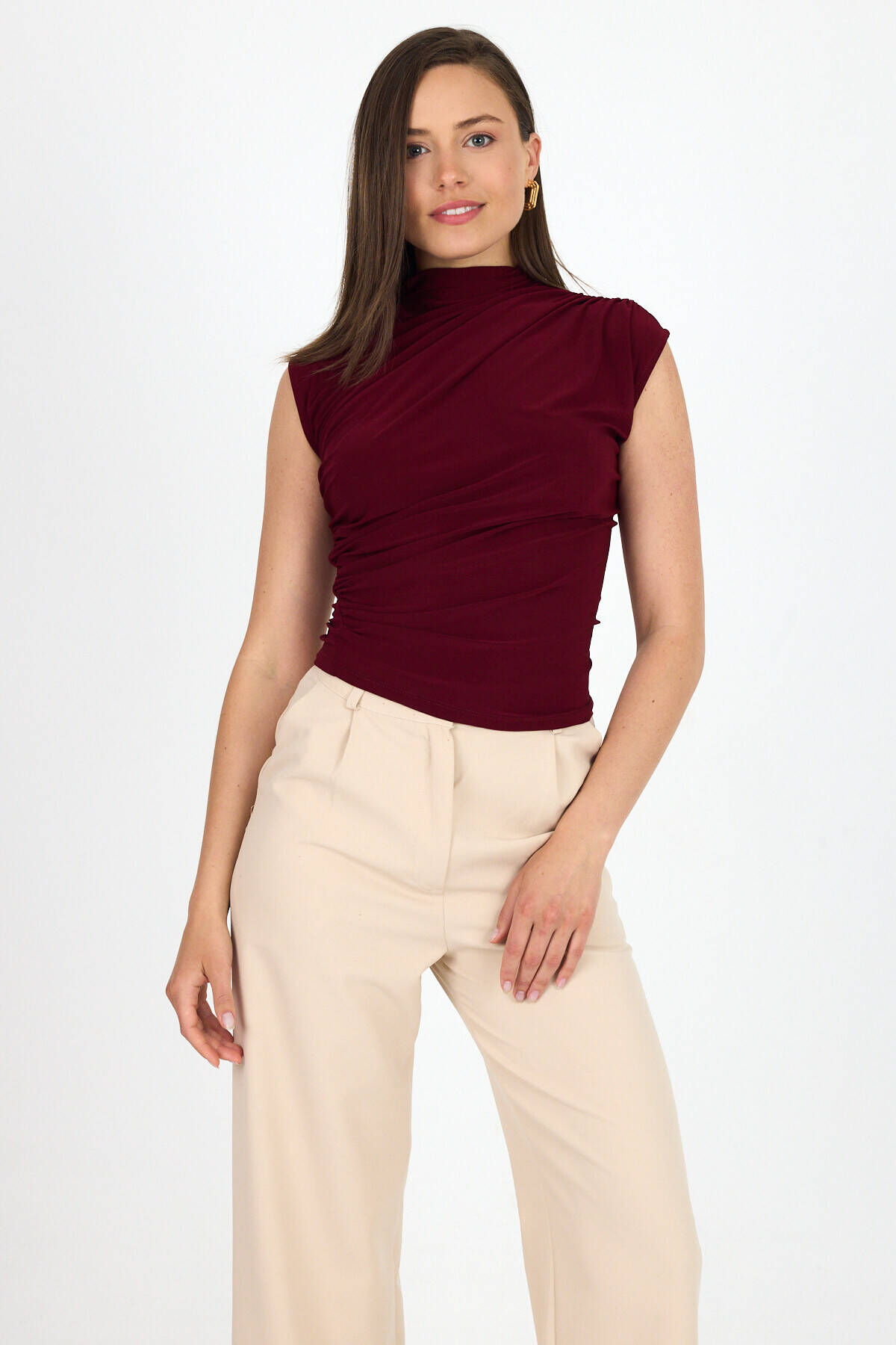 Bordo Kolsuz Büzgülü Sandy Bluz 2430 - Stilay