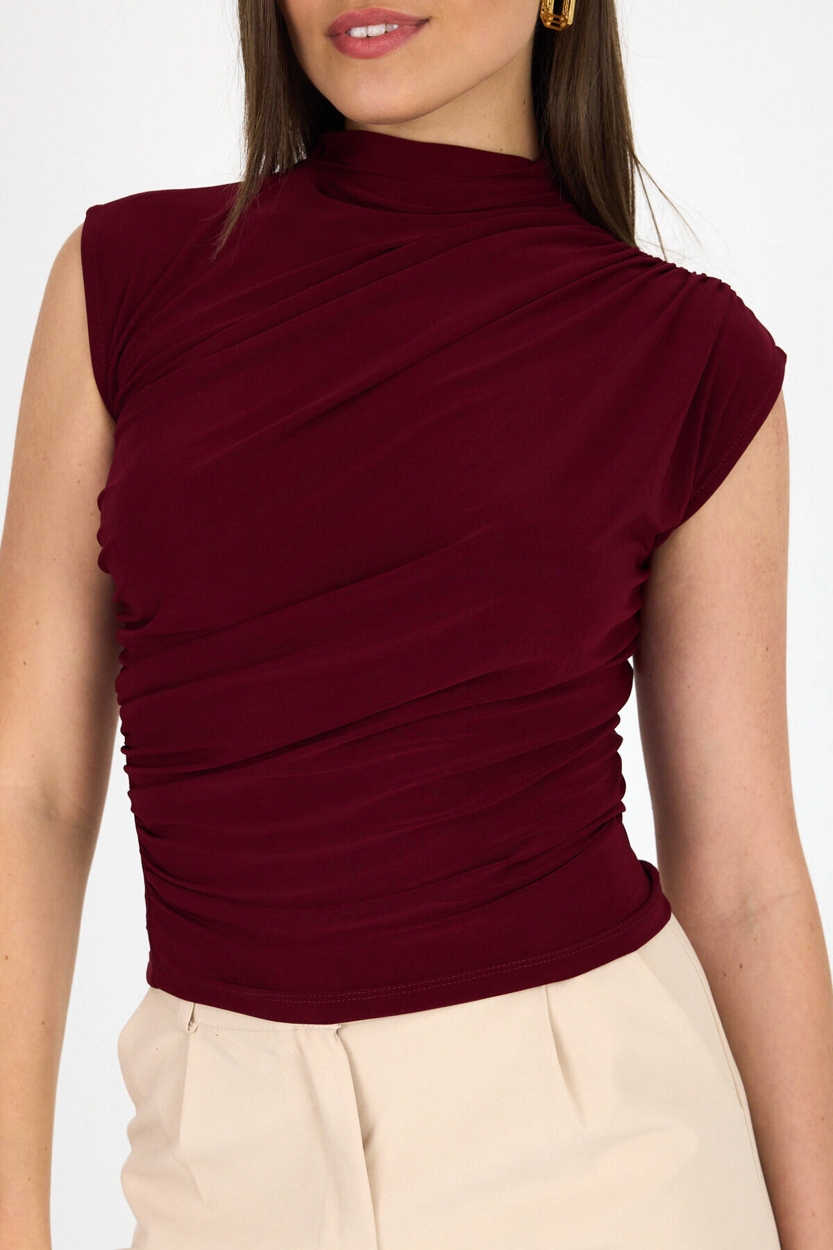 Bordo Kolsuz Büzgülü Sandy Bluz 2430 - 4