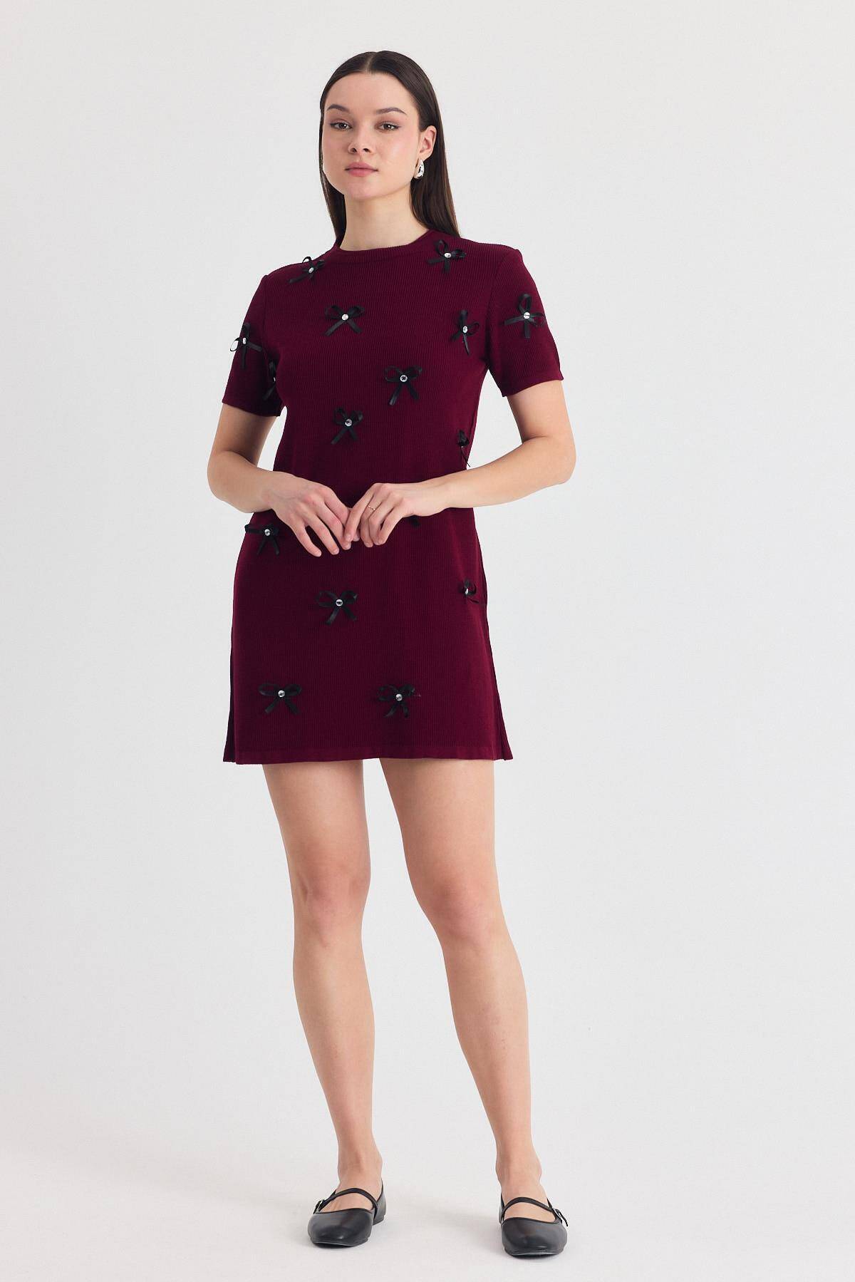 Bordo Kurdela Detay Triko Elbise 2117 - Stilay