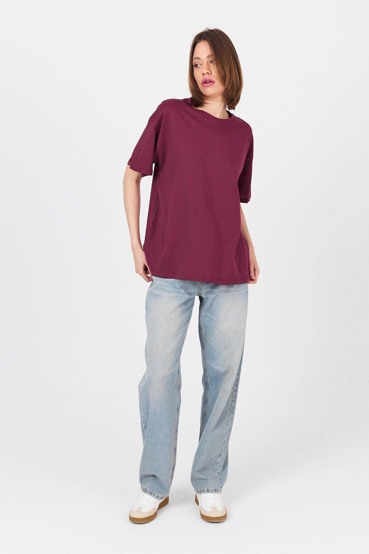 Bordo Omuz Yazı Baskılı %100 Pamuk Oversize Tişört 2150-30M - Stilay