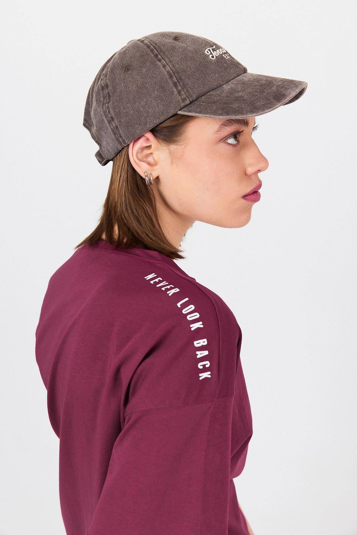 Bordo Omuz Yazı Baskılı %100 Pamuk Oversize Tişört 2150-30M - 4