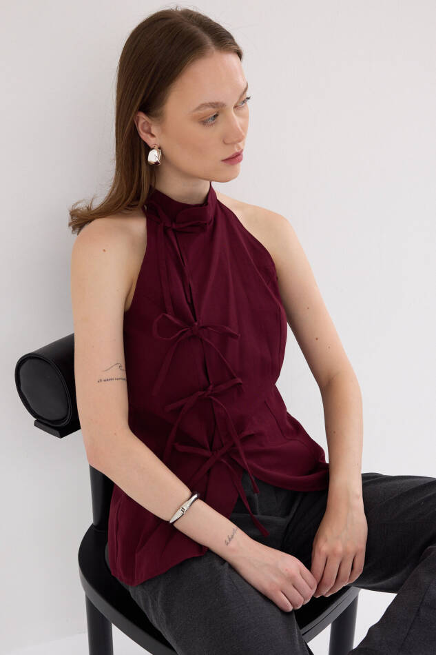 Bordo Ön Bağlama Detaylı Halter Yaka Bluz 8094A - 1
