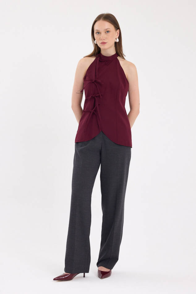 Bordo Ön Bağlama Detaylı Halter Yaka Bluz 8094A - 3