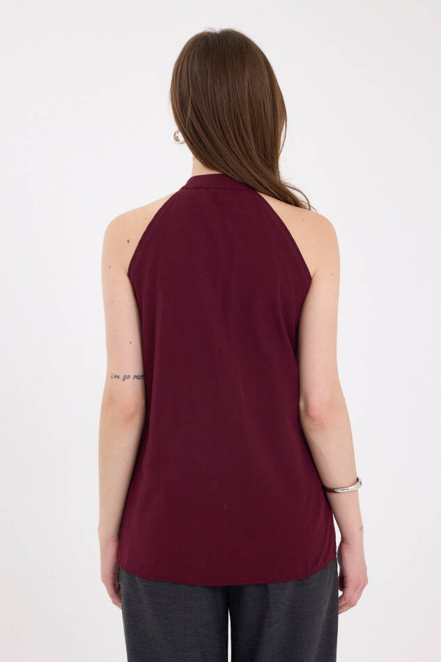Bordo Ön Bağlama Detaylı Halter Yaka Bluz 8094A - 5