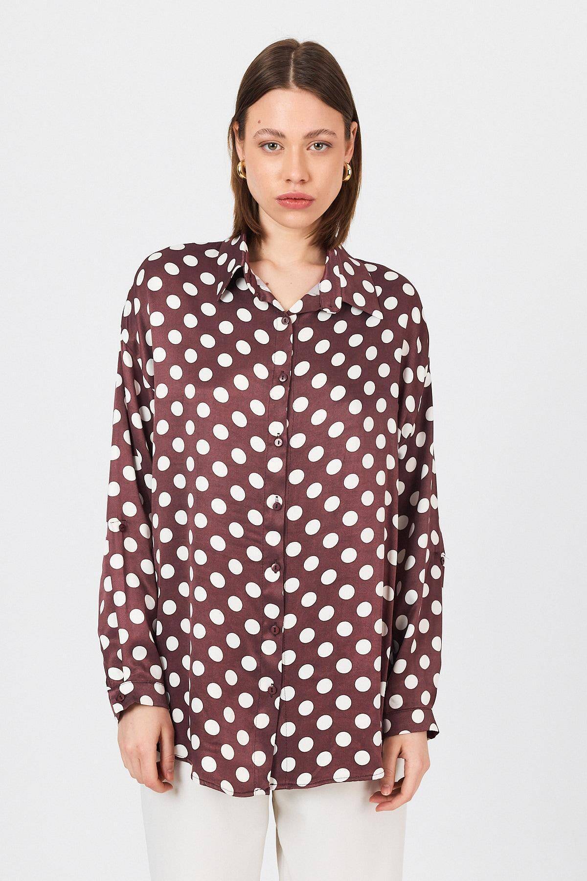 Bordo Puantiye Desen Oversize Saten Gömlek 9411 - 7