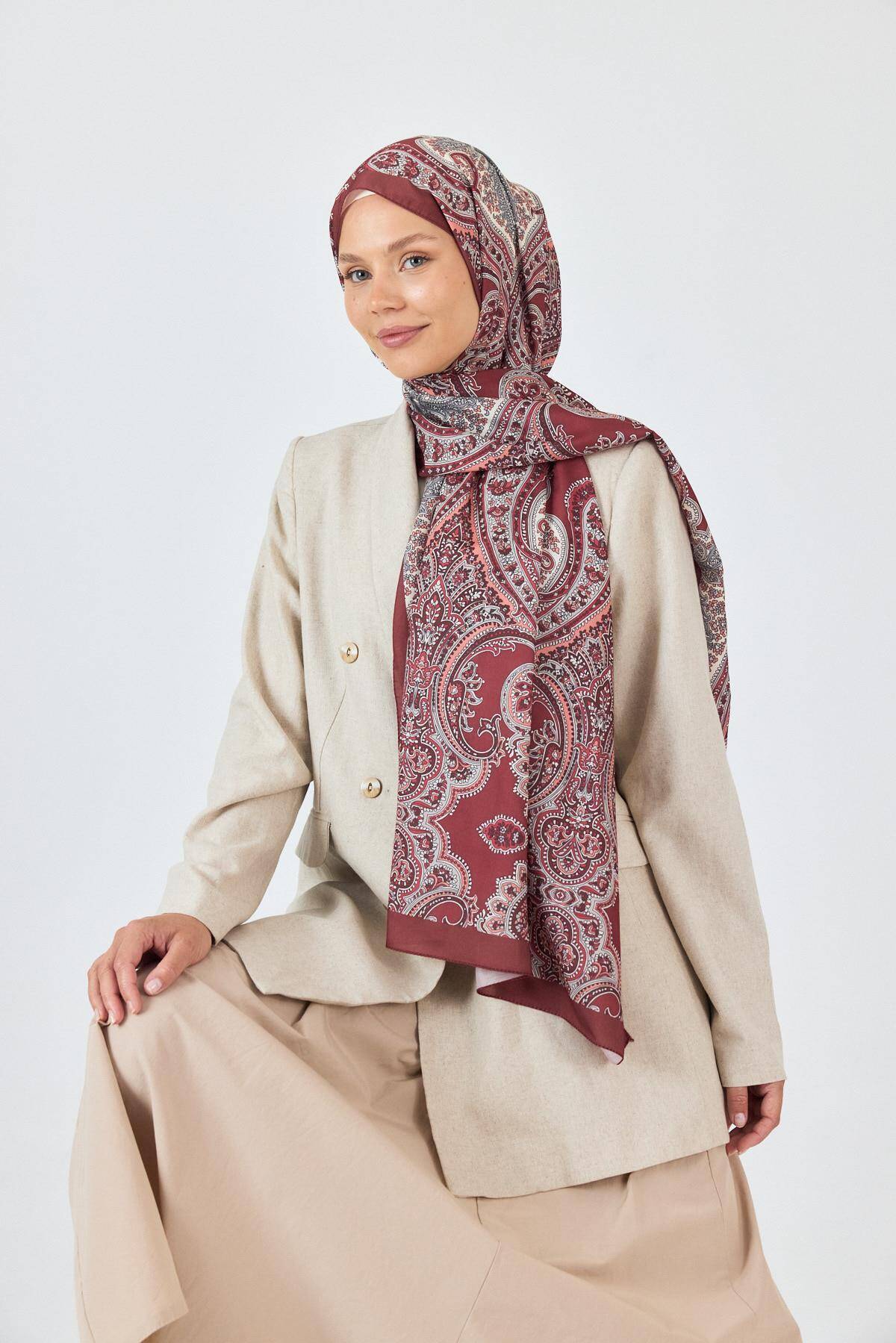 Bordo Retro Desenli Şal 4002 