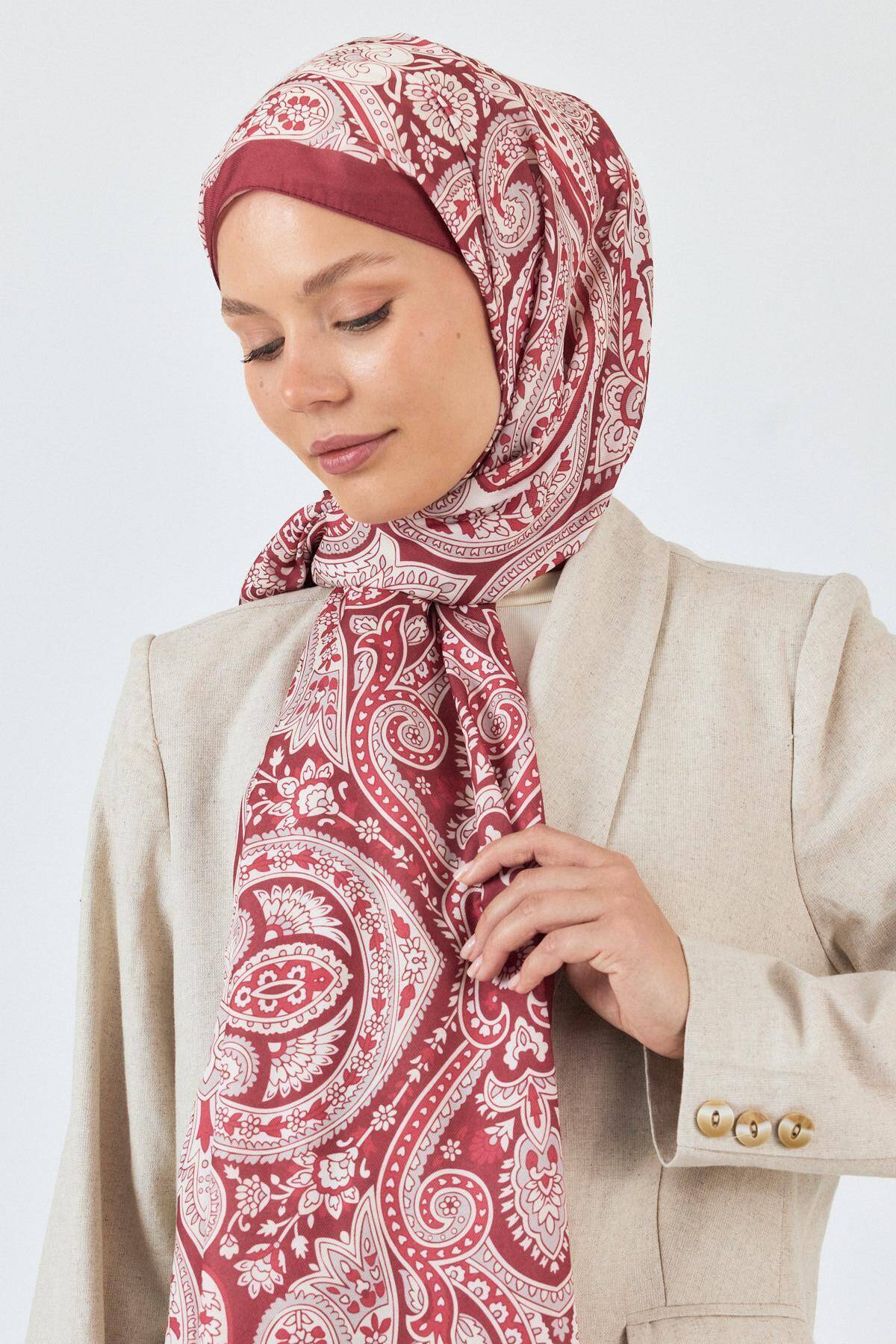 Bordo Retro Desenli Şal 4004 - 3