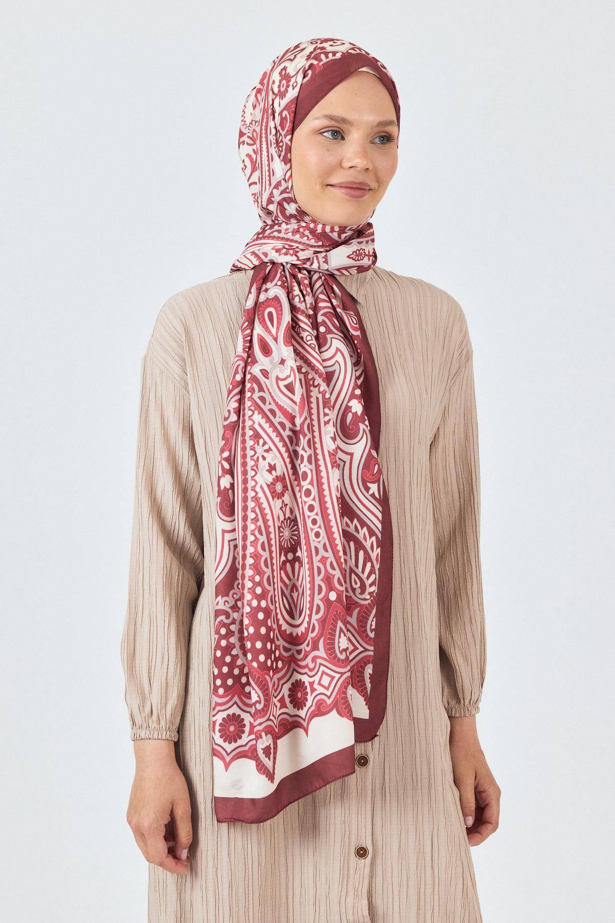 Bordo Retro Desenli Şal 5684 