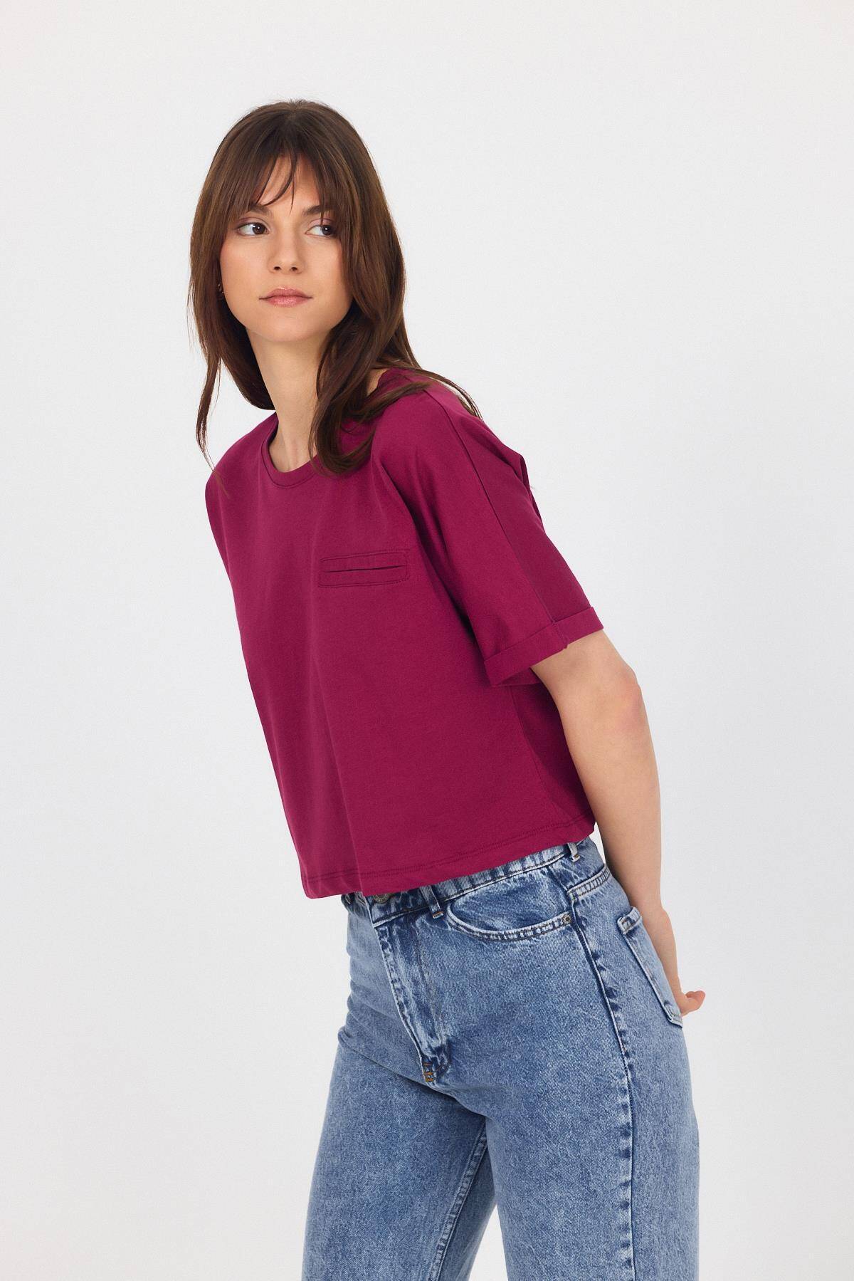 Bordo Sahte Cep Detaylı Bisiklet Yaka Crop Tişört 2136M - Stilay