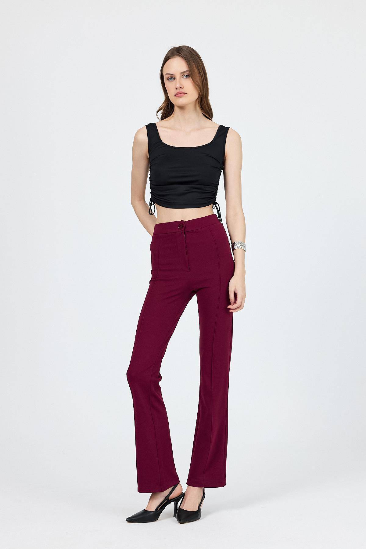 Bordo Straight/Düz Kesim Yüksek Bel Nervür Dikişli Örme Pantolon 6873 